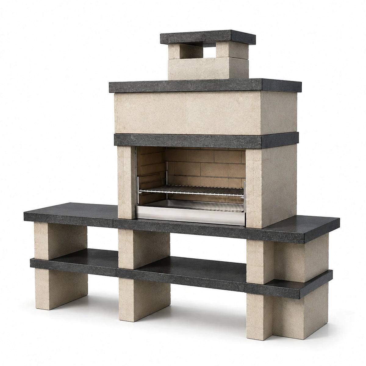 Barbecue de jardin 180 x 70 x 210 cm en pierre beige et anthracite avec grille foyer extérieur
