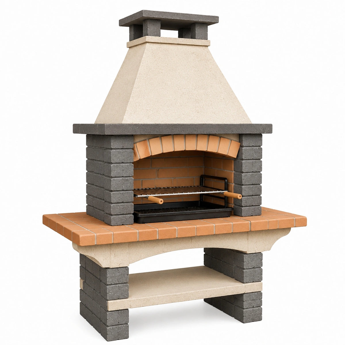 Barbecue de jardin 120 x 75 x 220 cm en briques réfractaires beige anthracite avec hotte et grille