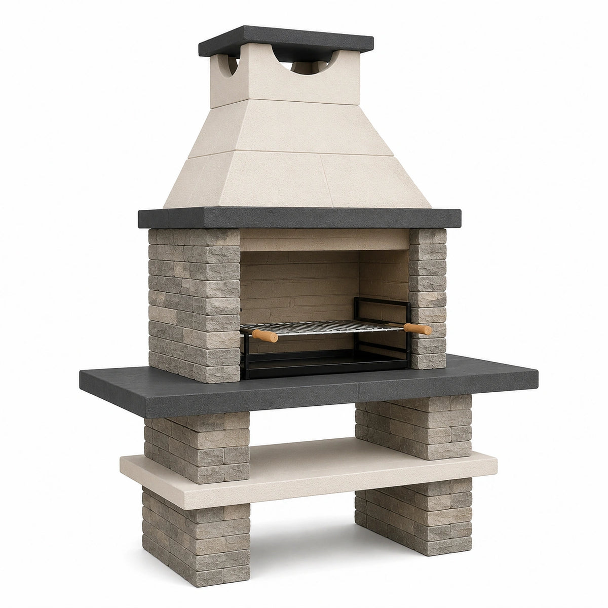 Barbecue de jardin 120 x 70 x 210 cm en pierre beige et grise avec grille métallique style rustique