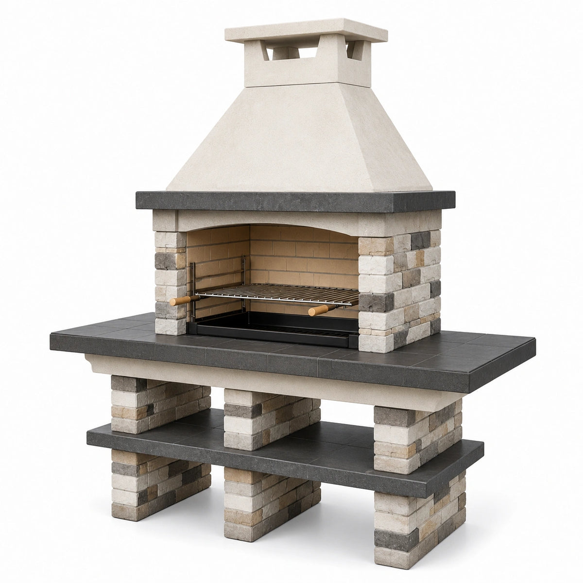 Barbecue de jardin fixe 180 x 90 x 220 cm en pierre beige et gris avec grille en acier