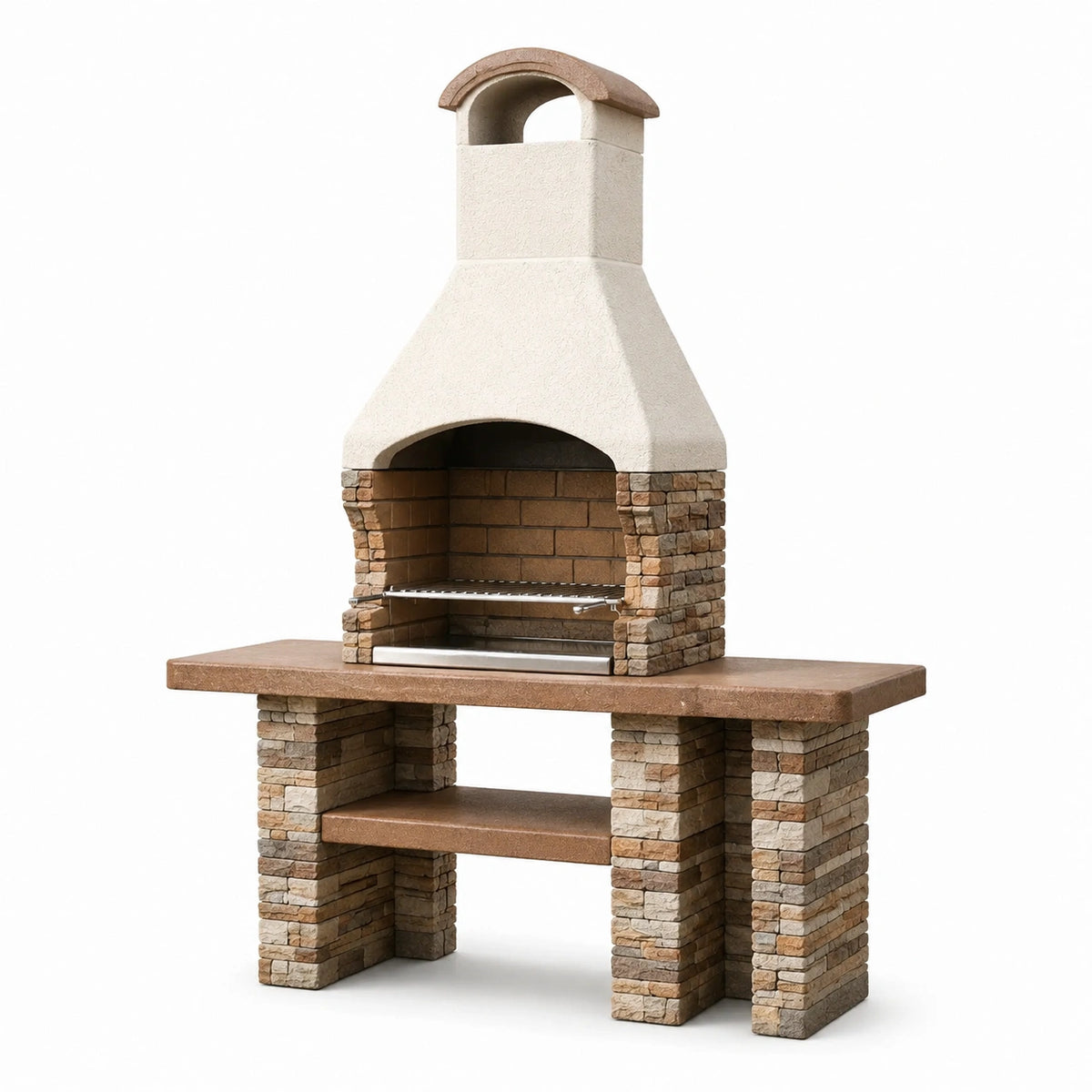 Barbecue de jardin 140 x 70 x 220 cm en pierre beige avec grill foyer traditionnel