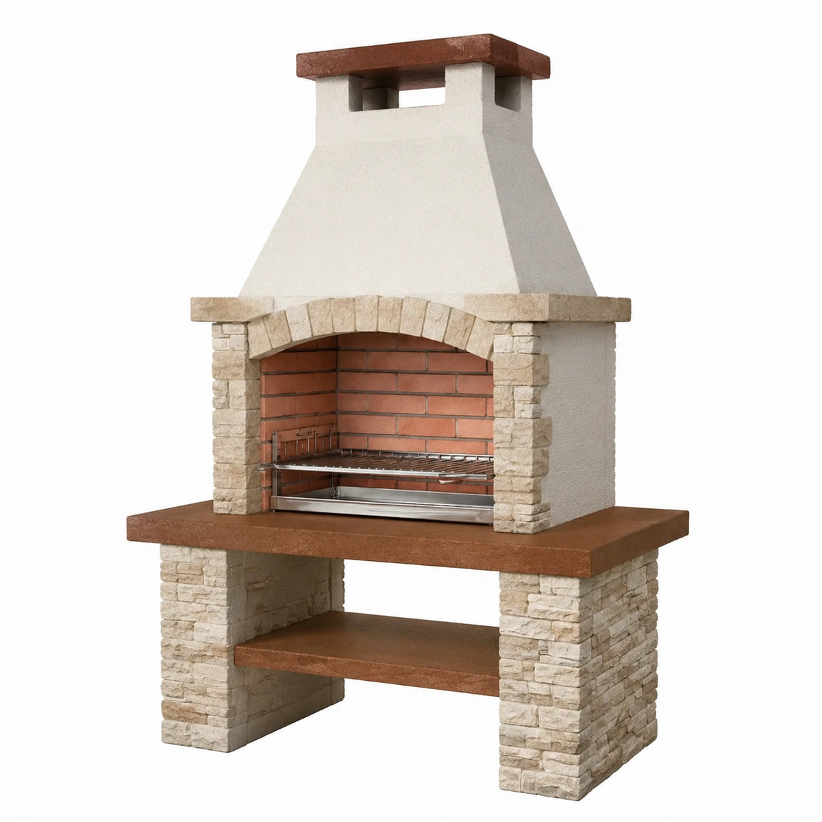 Barbecue fixe 120 x 70 x 220 cm en pierre beige et brique rouge avec grille en acier style traditionnel