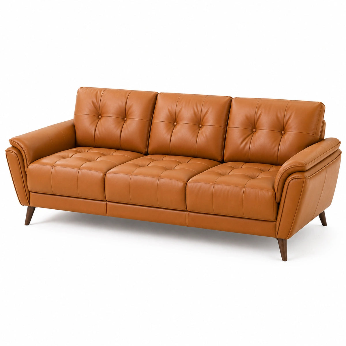 Canapé 3 places 220 cm en cuir caramel style capitonné