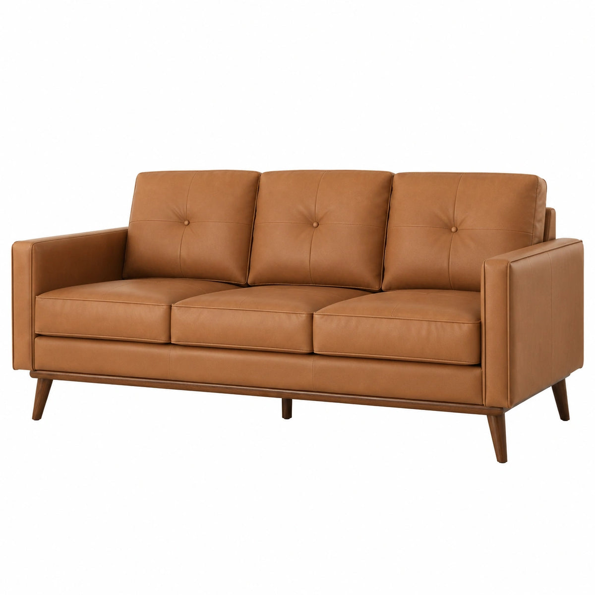 Canapé 3 places 210 cm aspect cuir camel style moderne pieds en bois