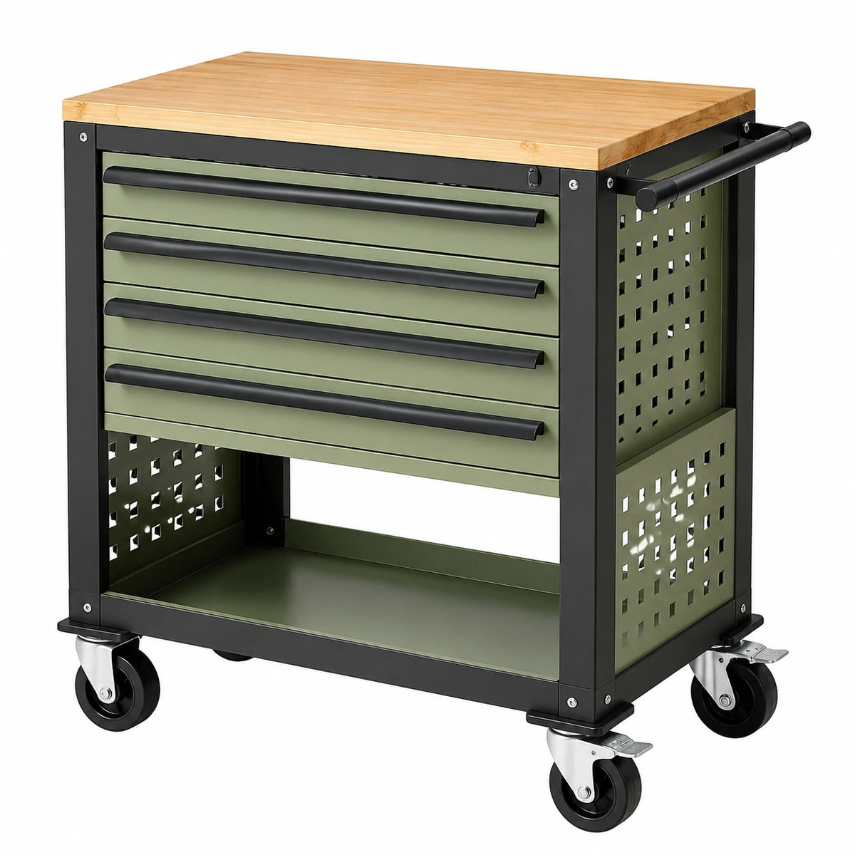 Servante d'atelier 85 x 50 x 95 cm en acier vert et noir avec plateau en bois et 4 tiroirs sur roulettes