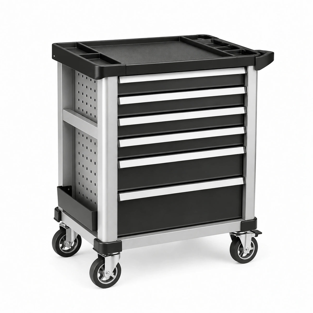 Chariot à outils 77 x 46 x 95 cm en métal noir et argenté à 6 tiroirs mobile