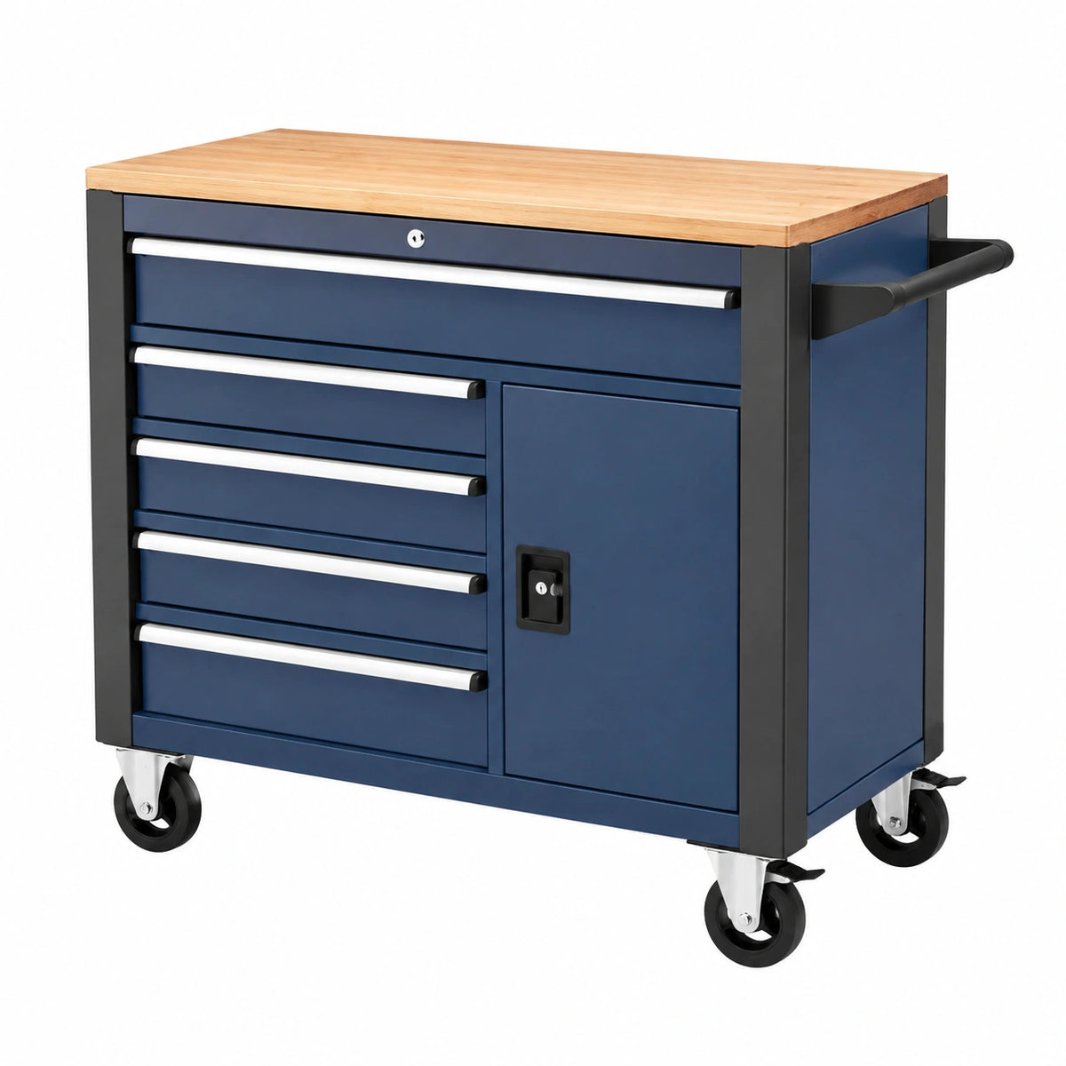 Servante d atelier 100 x 50 x 95 cm en acier bleu avec plateau en bois et roulettes