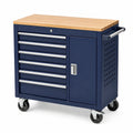 Servante d'atelier 107 x 46 x 95 cm en acier bleu avec plateau en bois et roulettes