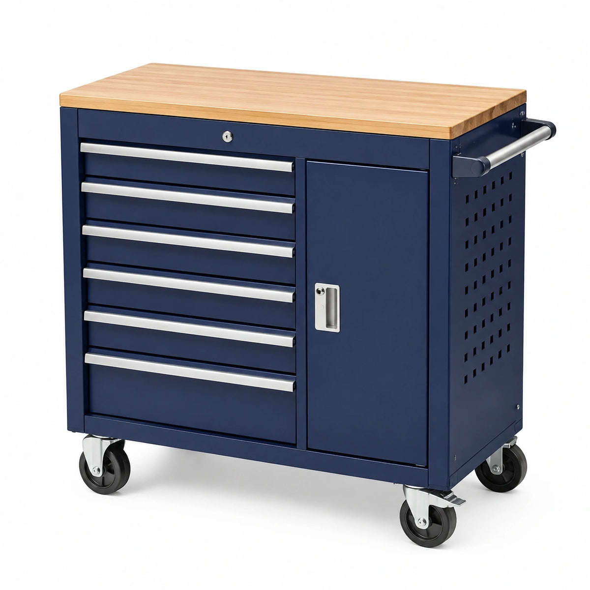 Servante d'atelier 107 x 46 x 95 cm en acier bleu avec plateau en bois et roulettes