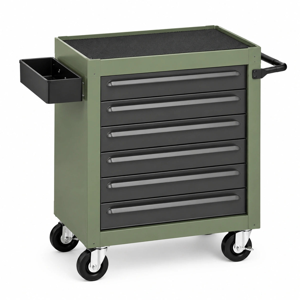 Chariot d'atelier 77 x 46 x 97 cm en acier vert kaki et noir avec 6 tiroirs sur roulettes