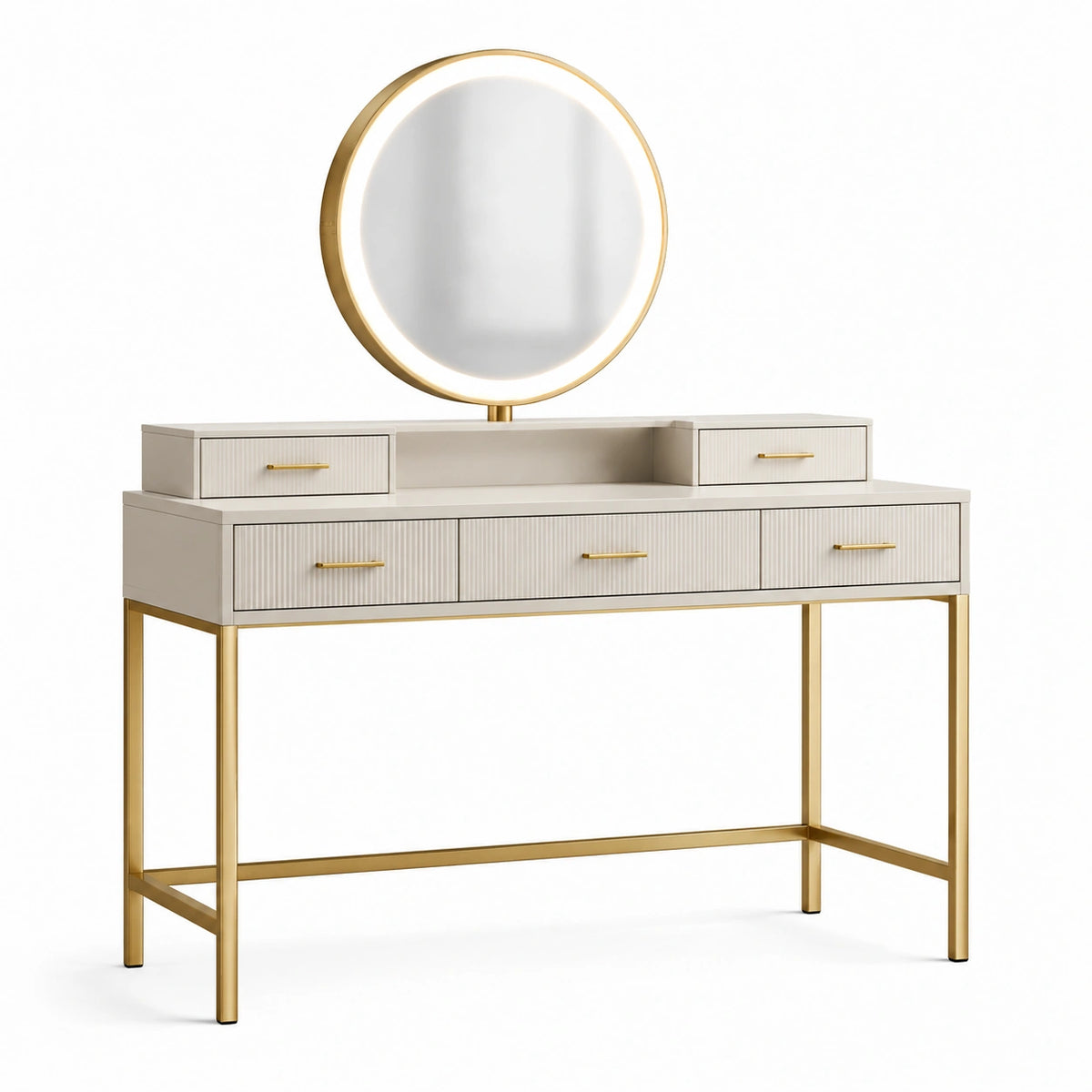 Coiffeuse avec miroir 120 x 45 x 150 cm blanc et doré en panneaux de bois avec éclairage intégré style contemporain