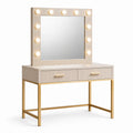 Coiffeuse 120 x 45 x 140 cm beige en bois et métal avec miroir lumineux et 2 tiroirs