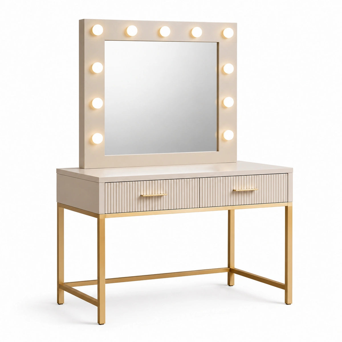 Coiffeuse 120 x 45 x 140 cm beige en bois et métal avec miroir lumineux et 2 tiroirs