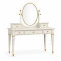 Coiffeuse 120 x 50 x 155 cm en bois blanc et doré avec miroir pivotant et 5 tiroirs style classique