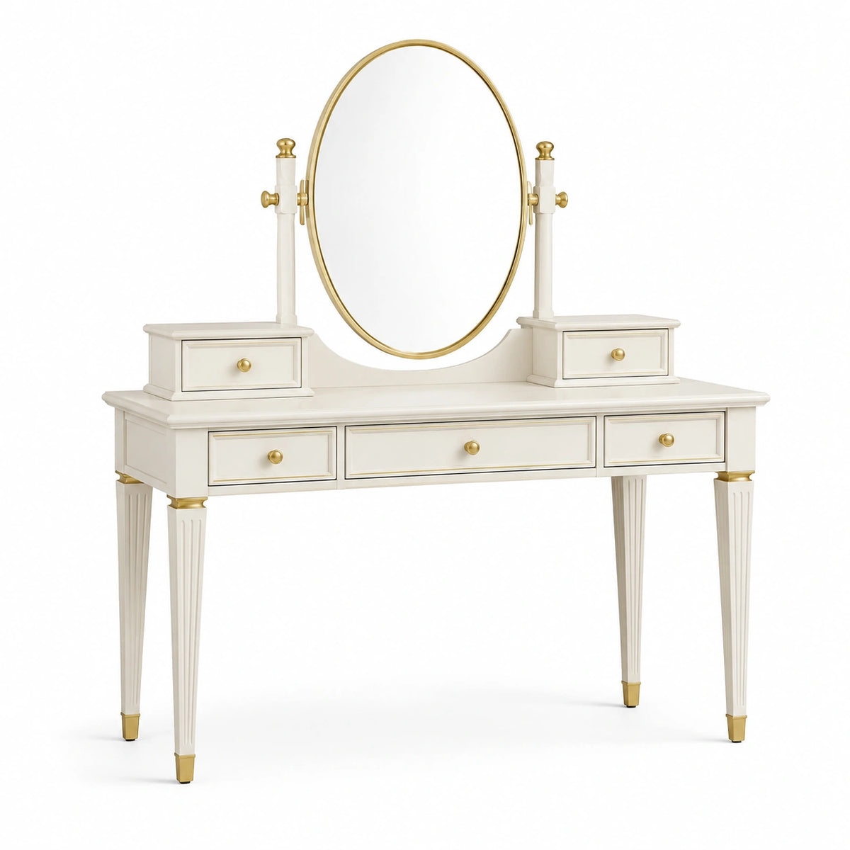 Coiffeuse 120 x 50 x 155 cm en bois blanc et doré avec miroir pivotant et 5 tiroirs style classique