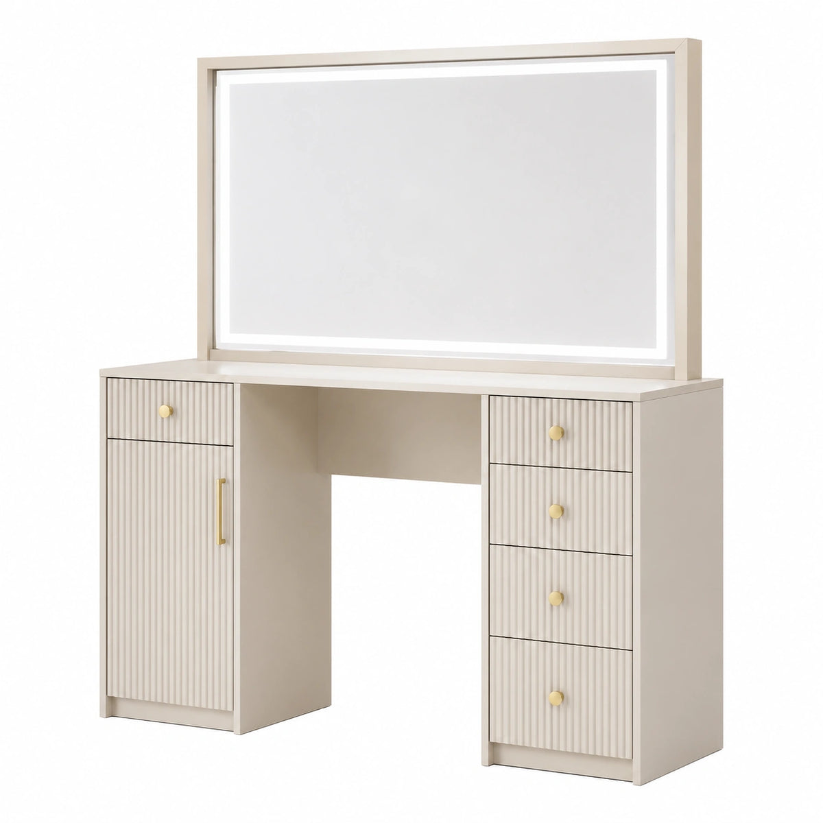 Coiffeuse 100 x 45 x 150 cm en MDF beige avec miroir et rangements style moderne