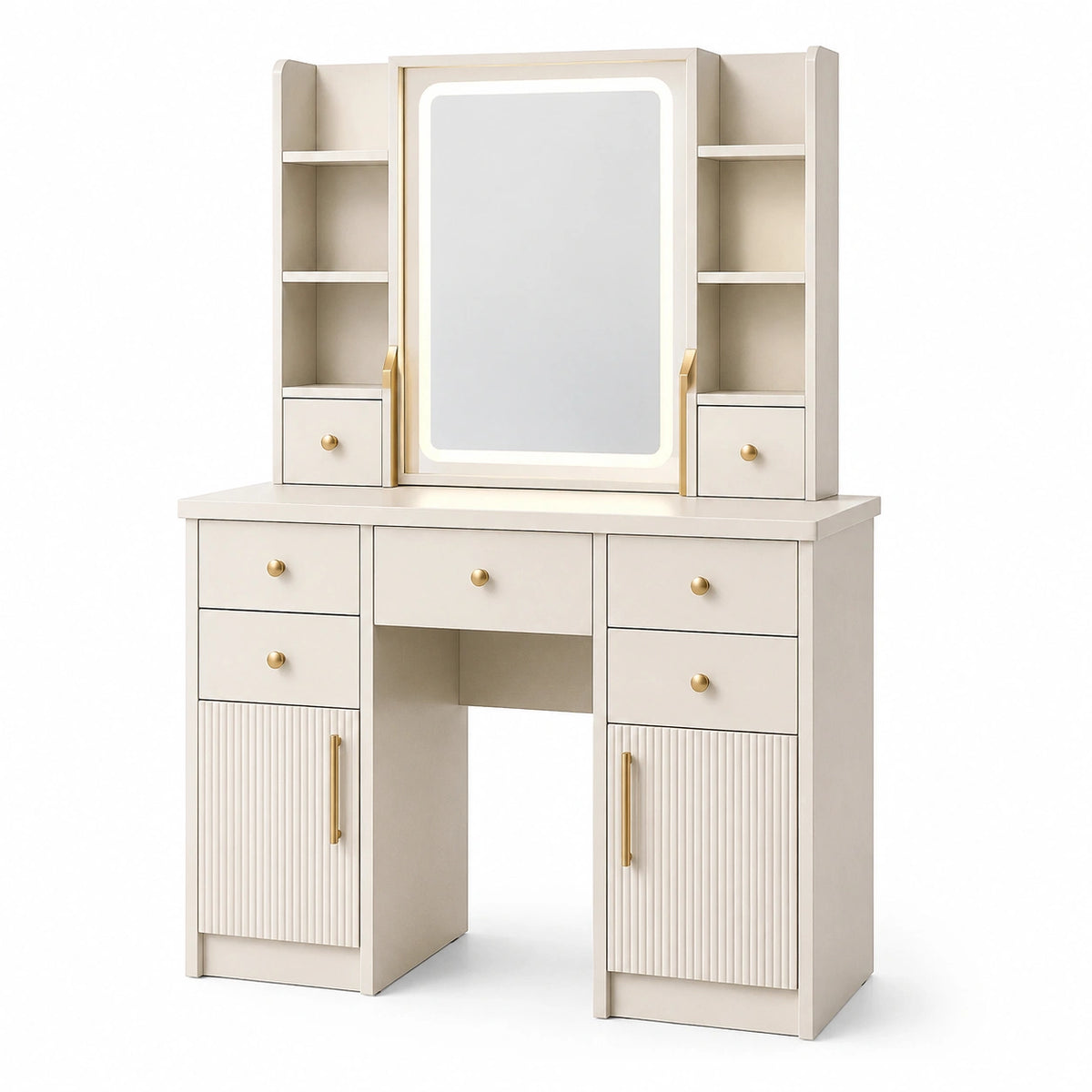 Coiffeuse 120 x 50 x 180 cm en panneaux de bois beige avec miroir et rangements style moderne