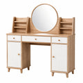 Coiffeuse 120 x 45 x 150 cm en bois naturel et blanc avec miroir rond rangement style scandinave