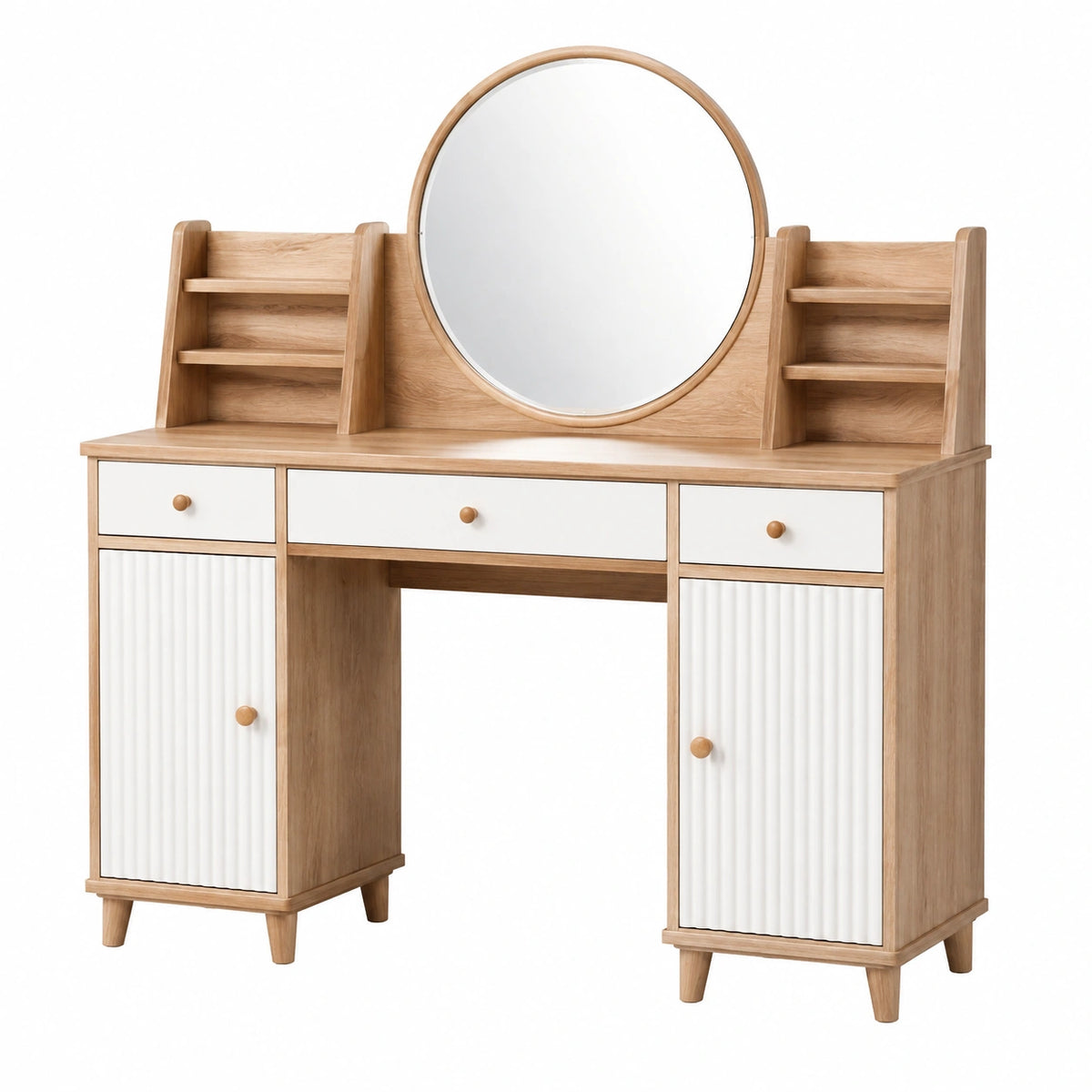Coiffeuse 120 x 45 x 150 cm en bois naturel et blanc avec miroir rond rangement style scandinave