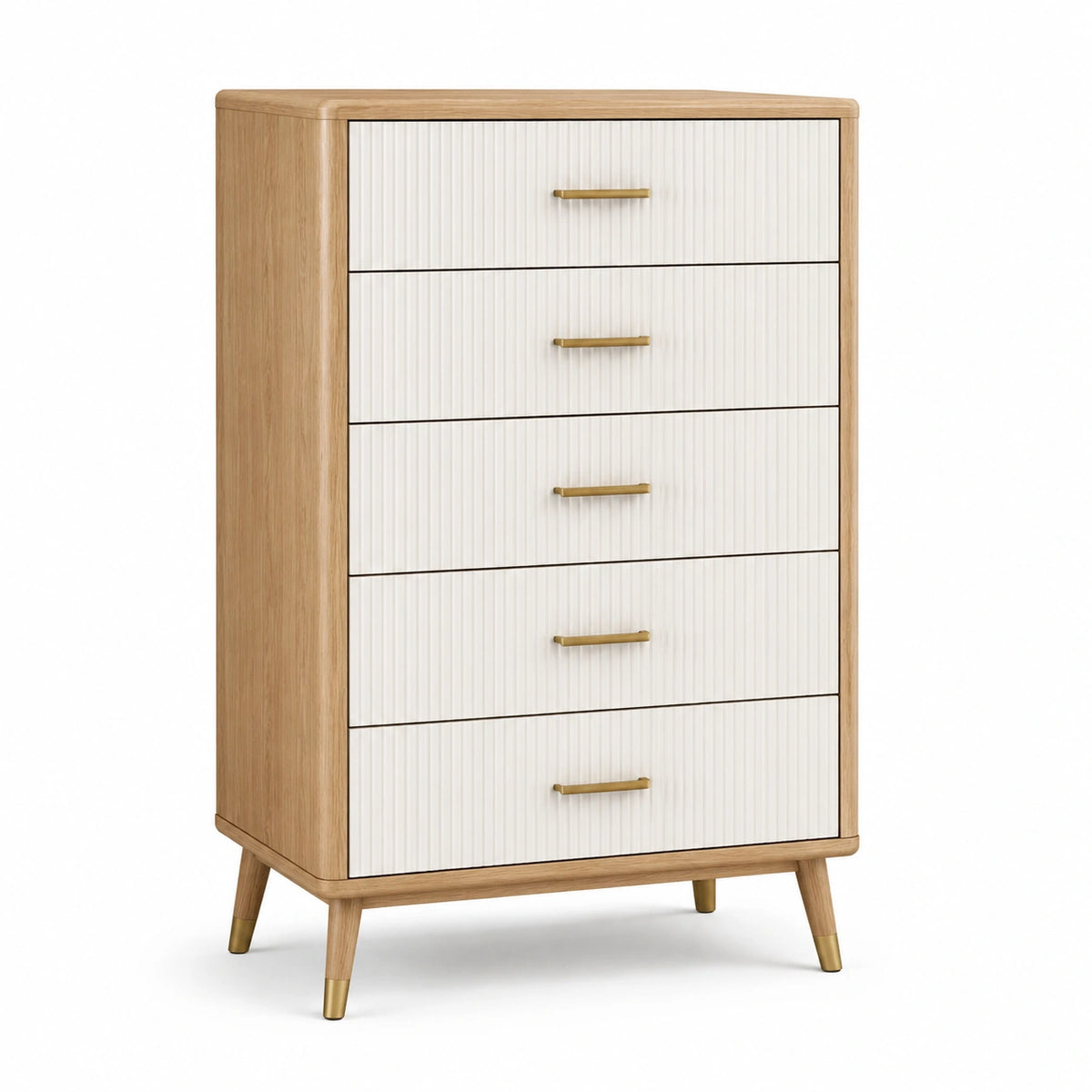 Commode 80 x 40 x 120 cm en bois beige et blanc à 5 tiroirs style rétro