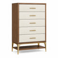 Commode à 5 tiroirs 90 x 45 x 145 cm en bois noyer et tissu écru style contemporain