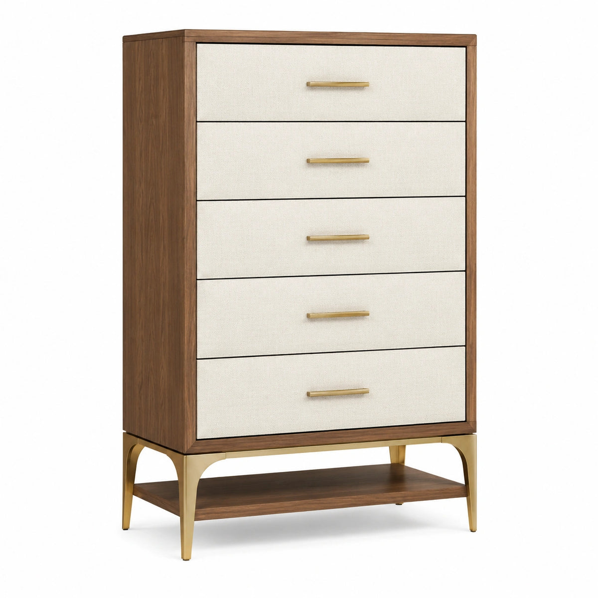 Commode à 5 tiroirs 90 x 45 x 145 cm en bois noyer et tissu écru style contemporain