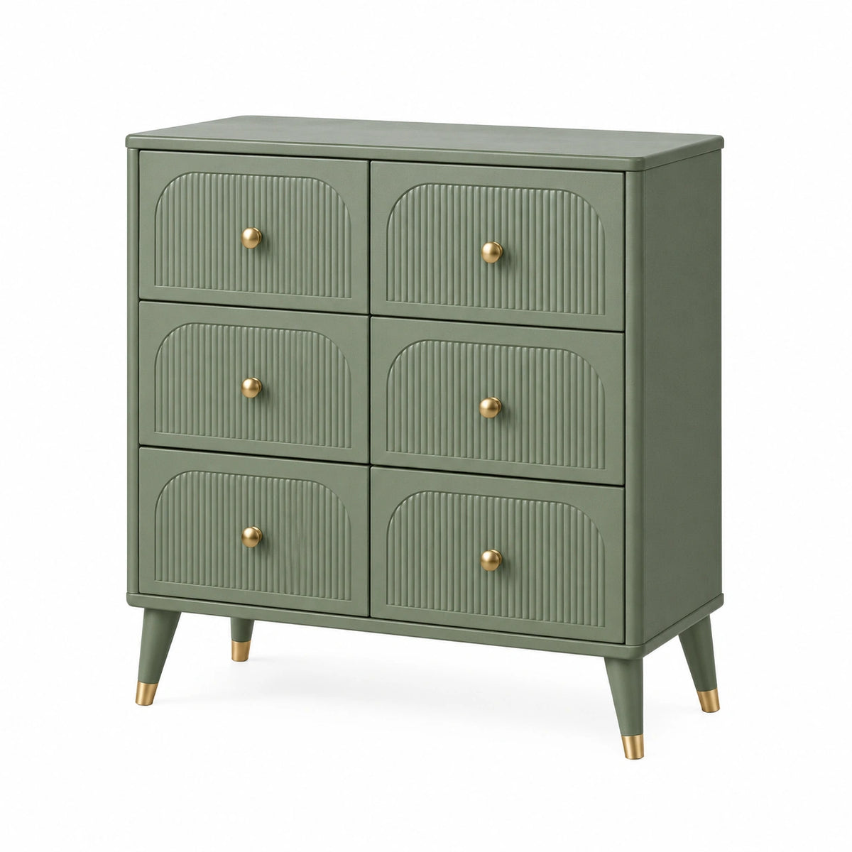 Commode 120 x 45 x 100 cm en panneaux de bois vert sauge à 6 tiroirs style contemporain
